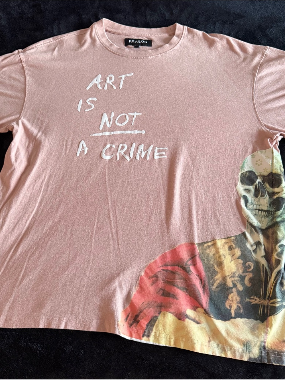Reason Pink Graphic Tee with Skull and Bold White Script